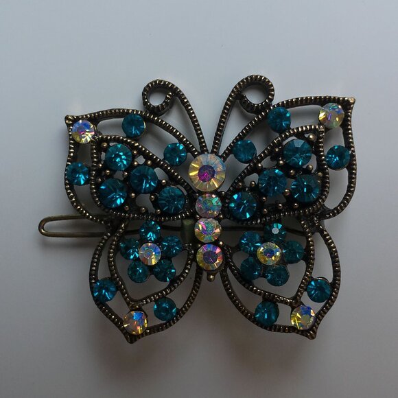 Butterfly Hair Clip, Gold color, blue rhinestone, shiny crystals - Picture 3 of 8